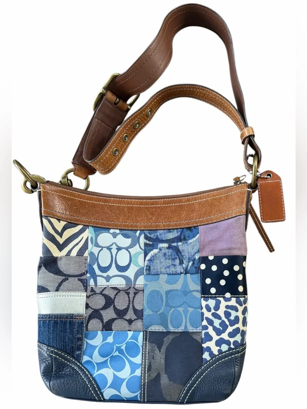 Coach Y2K Denim Patchwork Shoulder Crossbody Bag Whiskey Leather Brass  Hangtag